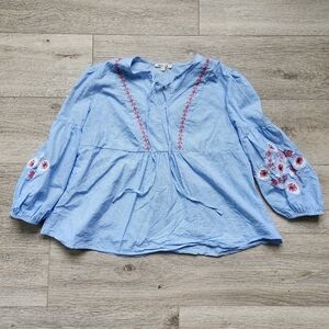 Bleuh Ciel Blue Gingham Blouse Womens Medium Pink Embroidery Balloon Sleeves